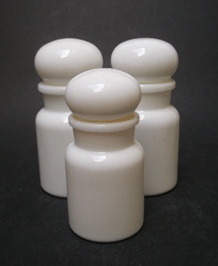 VINTAGE WHITE GLASS APOTHECARY JARS / BOTTLES x 3 (MADE IN BELGIUM )