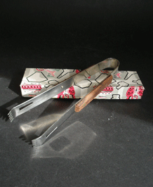 1960s STAINLESS STEEL AND TEAK ICE TONGS IN ORIGINAL BOX