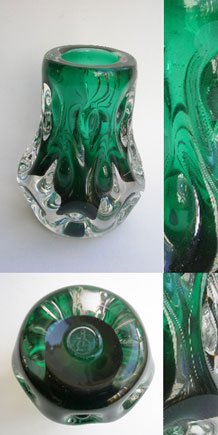 LISKEARD GLASS GREEN AND CLEAR  KNOBBLY  VASE DESIGNED BY JIM DYER (1970s)