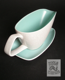 POOLE TWINTONE ICE GREEN AND SEAGULL GRAVY BOAT AND STAND