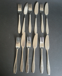 OLD HALL STAINLESS STEEL CAMPDEN FISH KNIVES AND FORKS (x6)