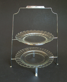      ART DECO TWO TIER CHROME PLATED CAKE STAND WITH GLASS PLATES (JT&CO LD S)