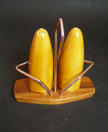VINTAGE TALL CERAMIC SALT AND PEPPER IN WYNCRAFT STAND