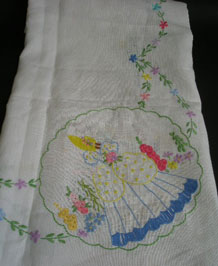 CRINOLINE LADY HAND EMBROIDERED LINEN TABLECLOTH